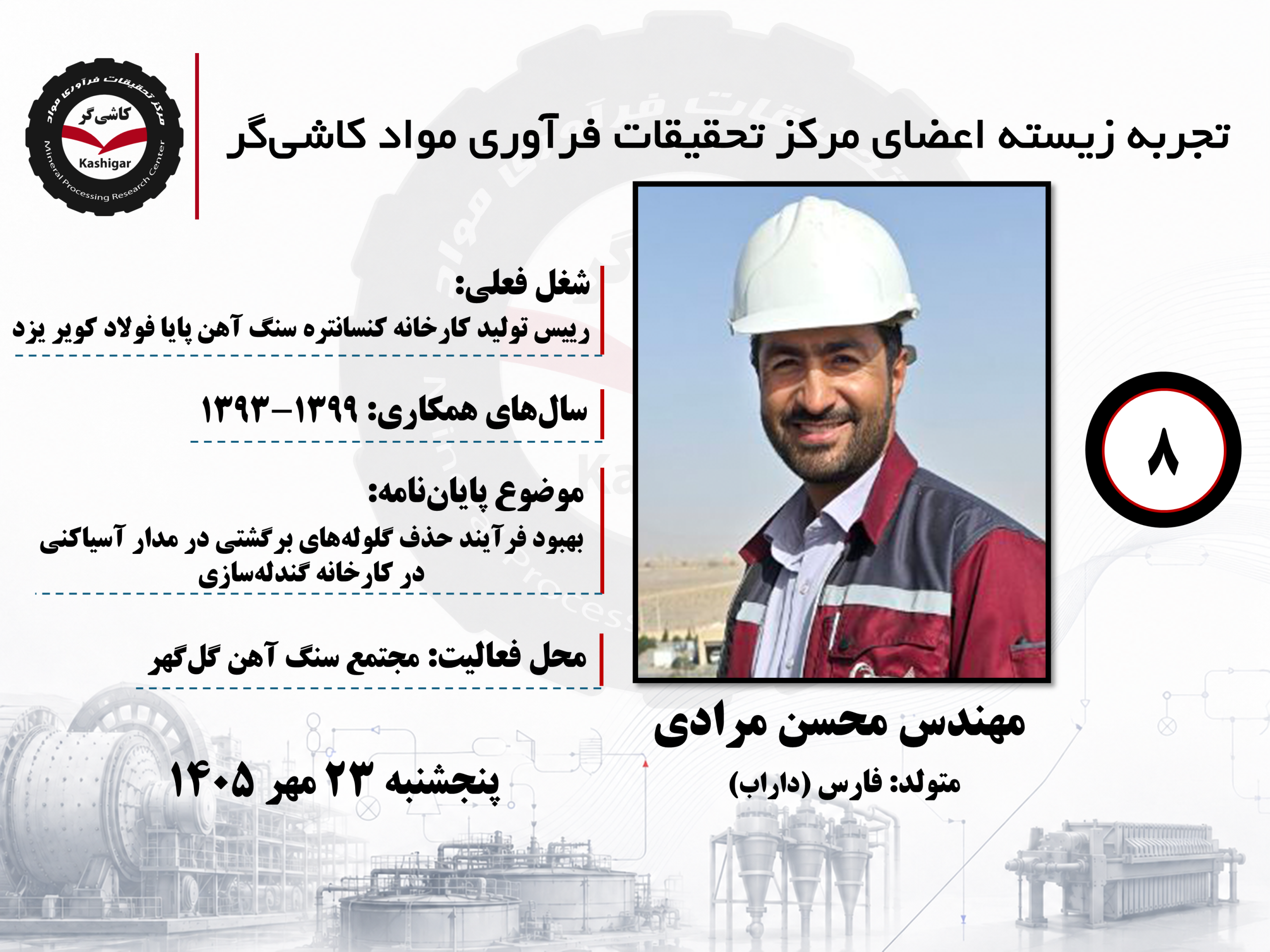 هشتمین جلسه تجربه زیسته اعضای مرکز تحقیقات فرآوری مواد کاشی‌گر (مهندس محسن مرادی؛ ۱۳۹۳ تا ۱۳۹۹)